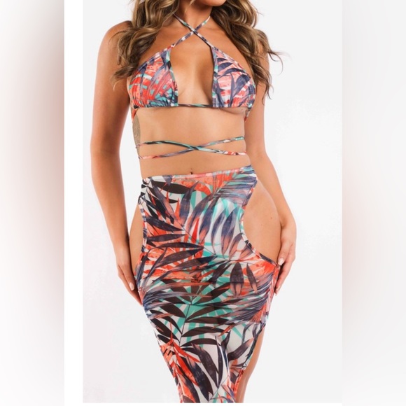 Multicolor Tropical Floral Print Mesh Bikini and Skirt Set - Picture 6 of 8